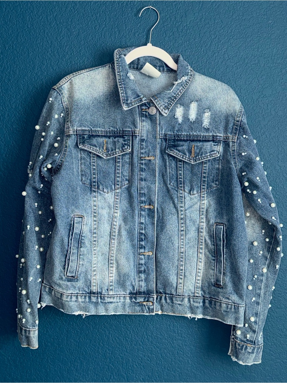 Vocal Pearl-Embellished Blue Denim Jacket